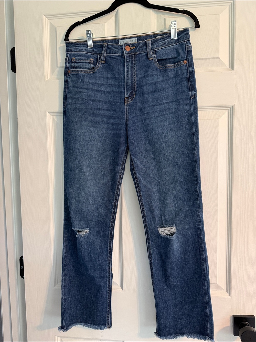 Dark Blue Straight-Leg Women’s Jeans with Knee Distress